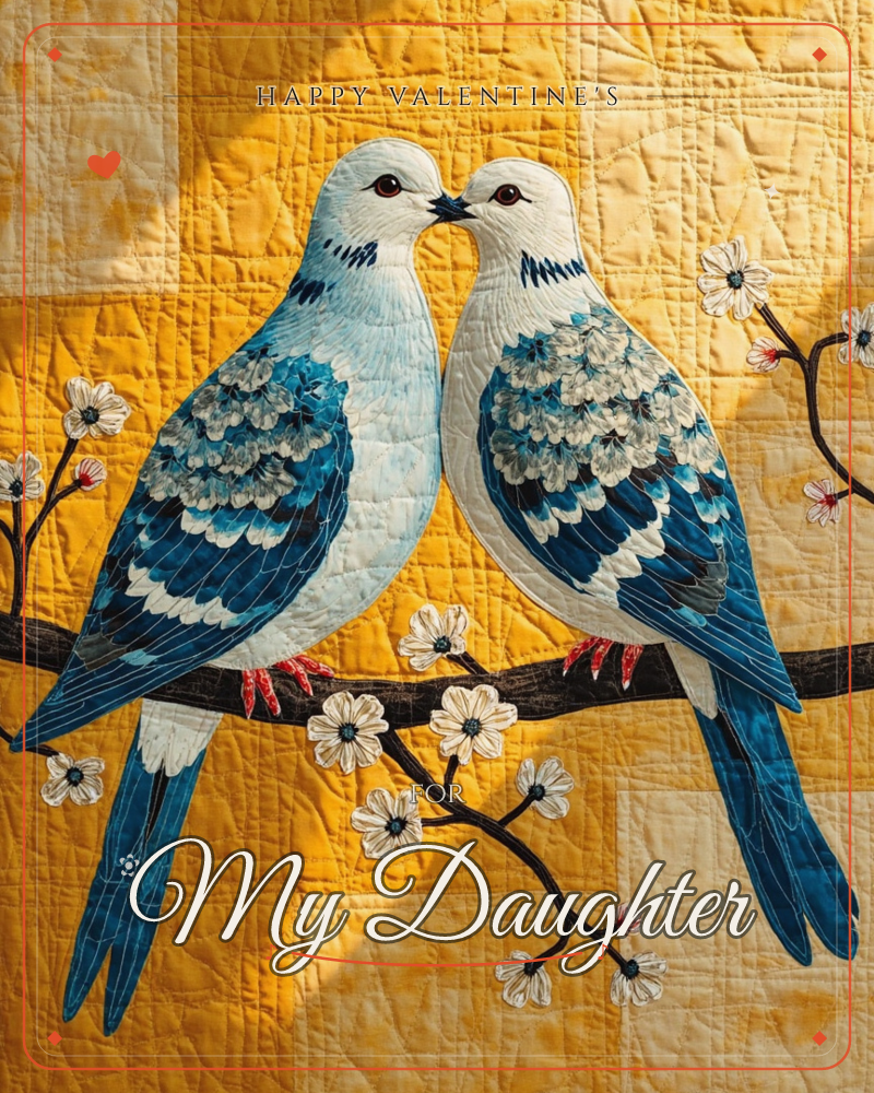 A quilted textile artwork shows two doves with cream heads and deep teal-blue wings touching beaks on a blossom-covered branch, a valentine e-card design