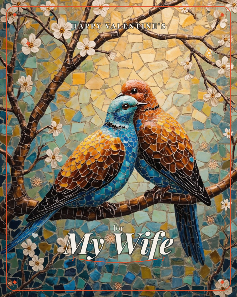 Two birds in rust, gold and turquoise plumage lean together on a blossoming branch, rendered as a stained-glass mosaic of countless small tiled fragments, a valentine e-card design