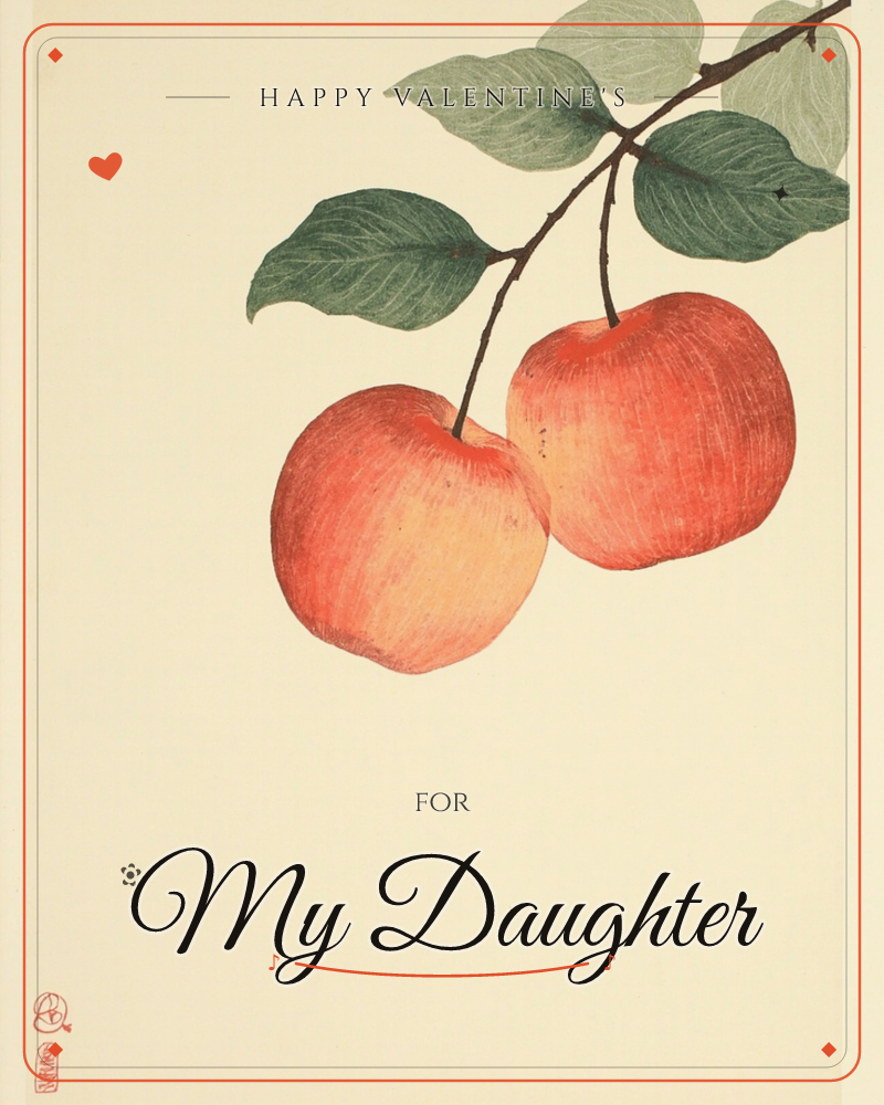 A slender branch curves down from the upper right corner, holding two ripe red apples and a scatter of green leaves against a plain cream background, a valentine e-card design