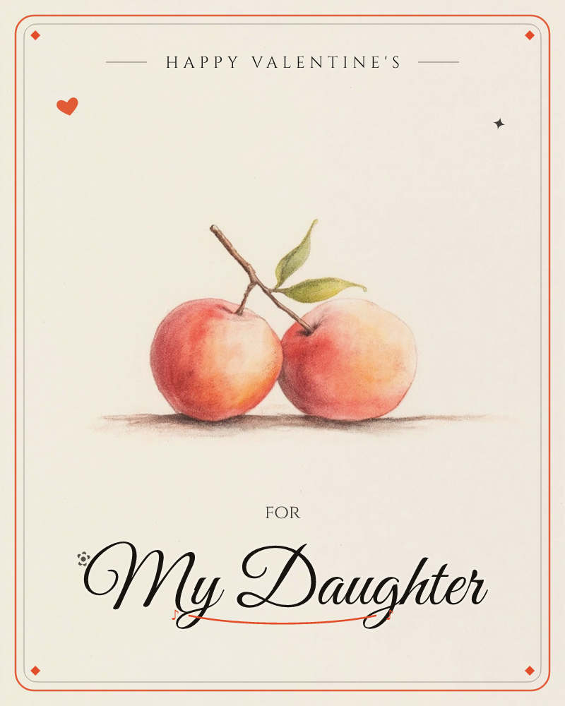 Two ripe peaches lean together on a shared stem, their blushed pink-and-gold skins catching a soft, even light, a valentine e-card design