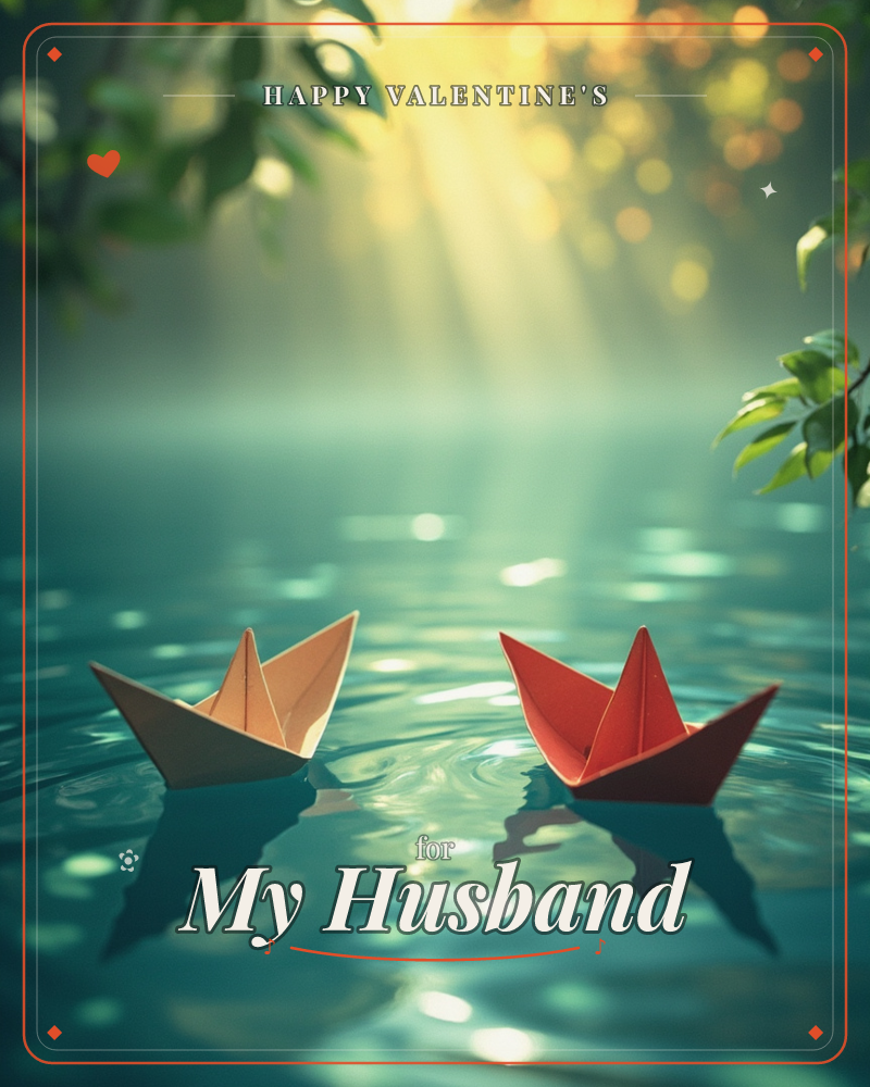 Two paper boats, one cream and one red, float side by side on calm green-teal water beneath overhanging leaves, a valentine e-card design