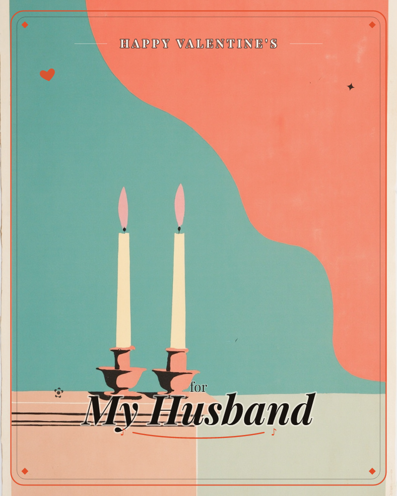 Two lit taper candles stand in scalloped brass holders atop a pale pink mantel, set against a bold graphic backdrop where a coral shape curves down…, a valentine e-card design