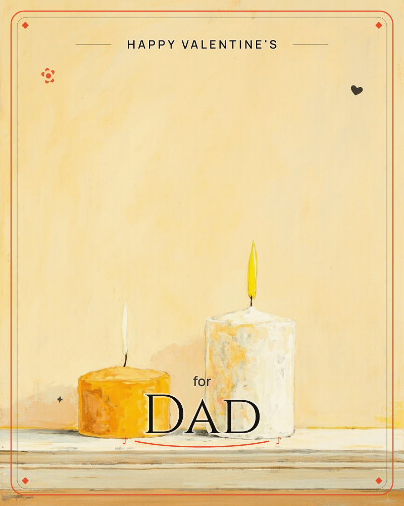 Two lit candles, one squat and amber, one taller and white, stand side by side on a pale shelf against a warm buttery-yellow wall, a valentine e-card design