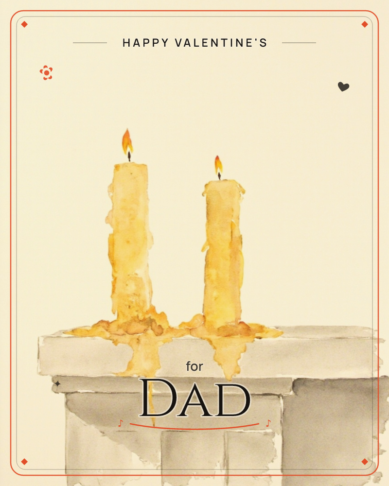 Two tall candles burn side by side on a pale stone mantelpiece, their wax melting into soft golden drips down the ledge, a valentine e-card design