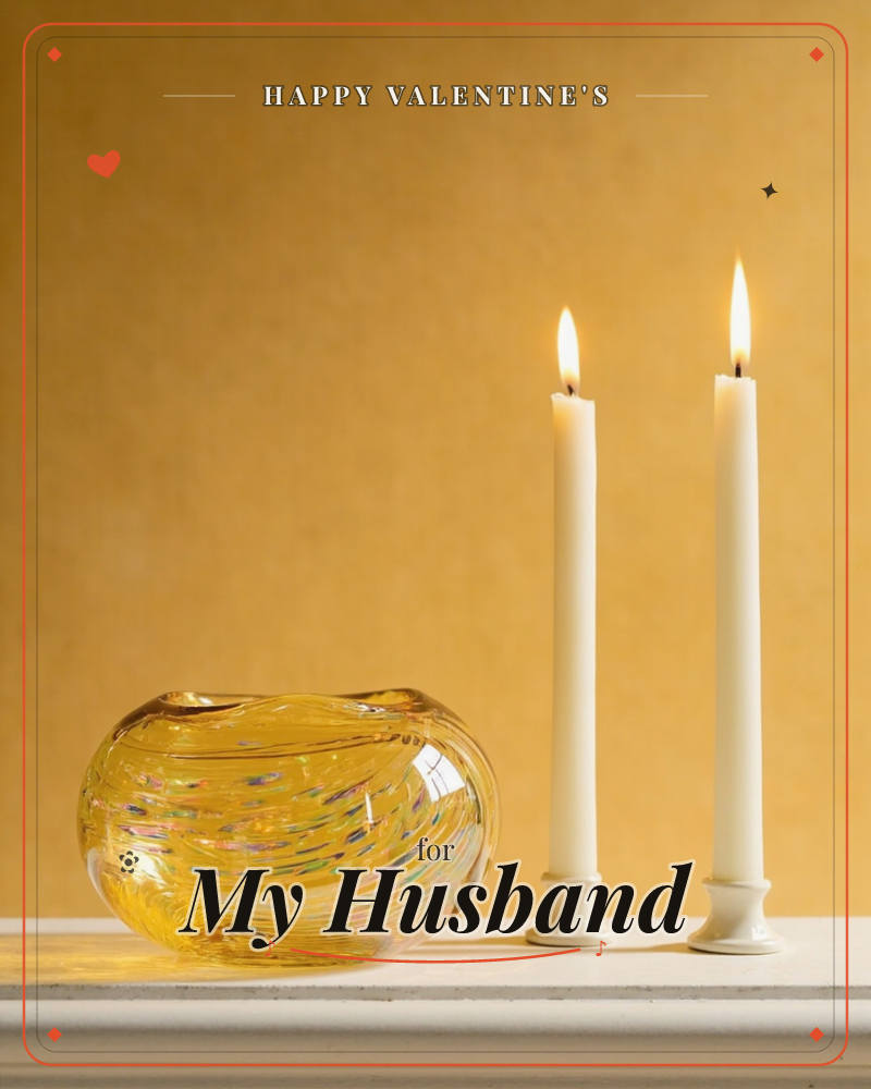 A photographic still life shows two slender white taper candles burning steadily beside a squat swirled amber glass bowl, all set on a pale stone ledge…, a valentine e-card design