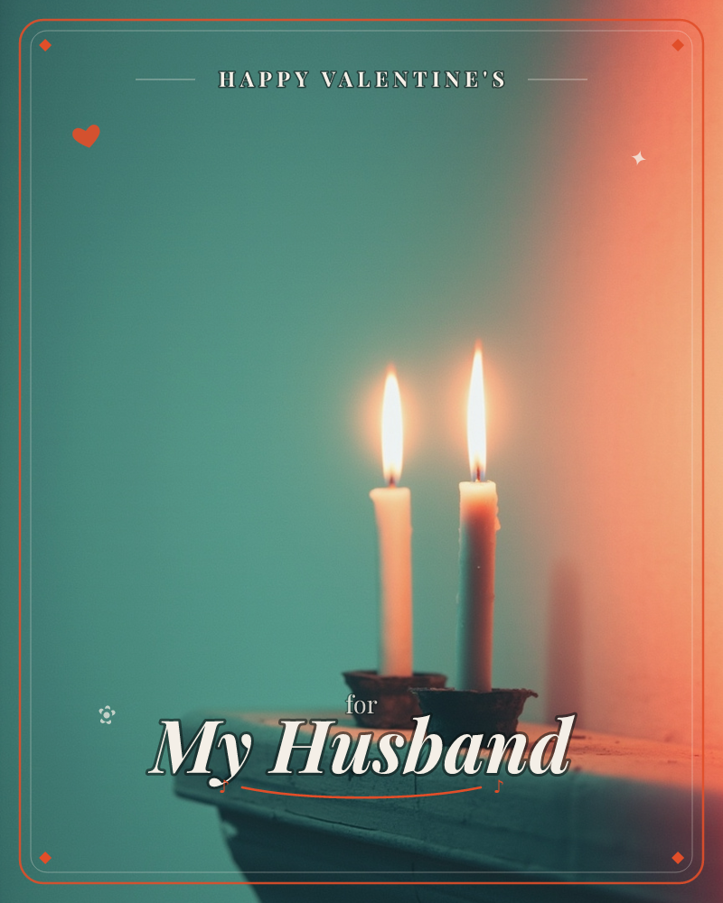 Two white candles stand in small dark holders on the edge of a pale stone ledge, their flames burning steady against a wall washed in teal on one side…, a valentine e-card design
