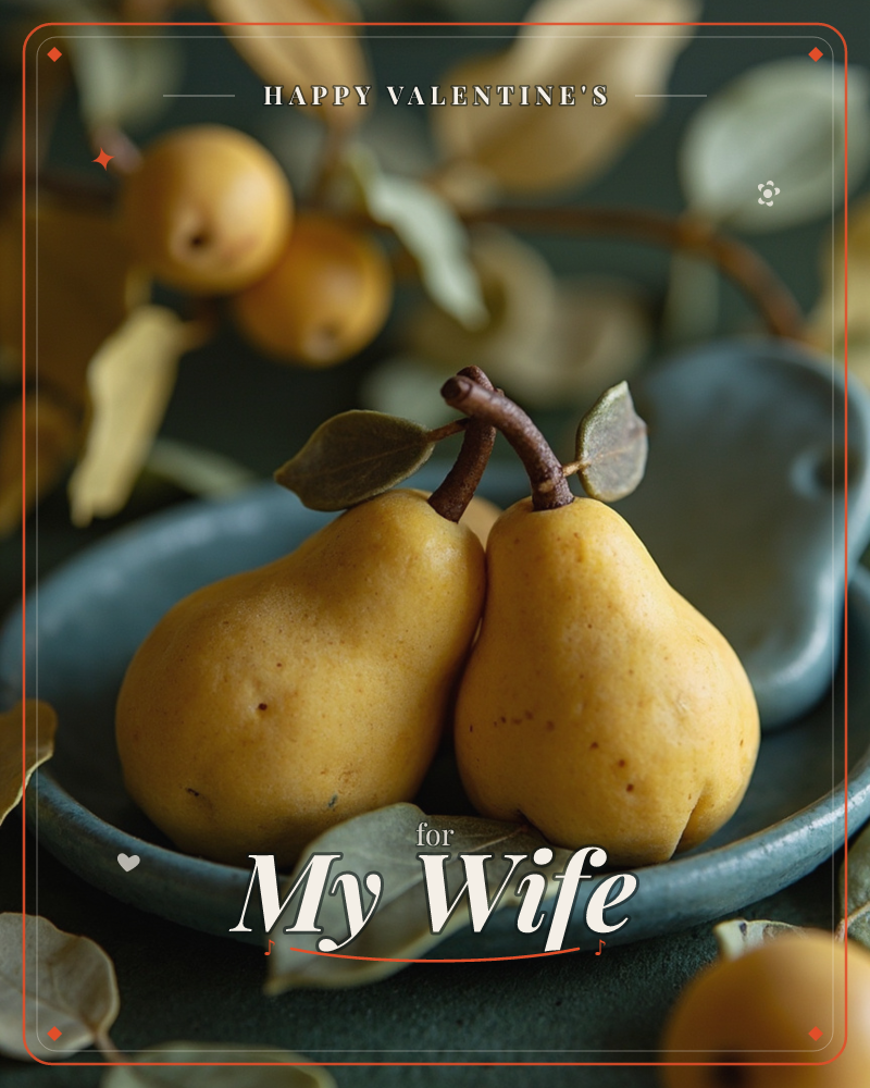 Two golden pears lean together on a slate-blue dish, their stems still joined, scattered with dried leaves and set against a softly blurred backdrop of…, a valentine e-card design
