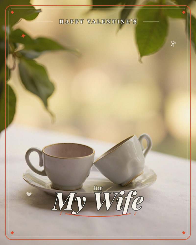 Two gold-rimmed porcelain teacups rest together on a single saucer atop a linen-covered table, one cup tipped gently against the other, a valentine e-card design