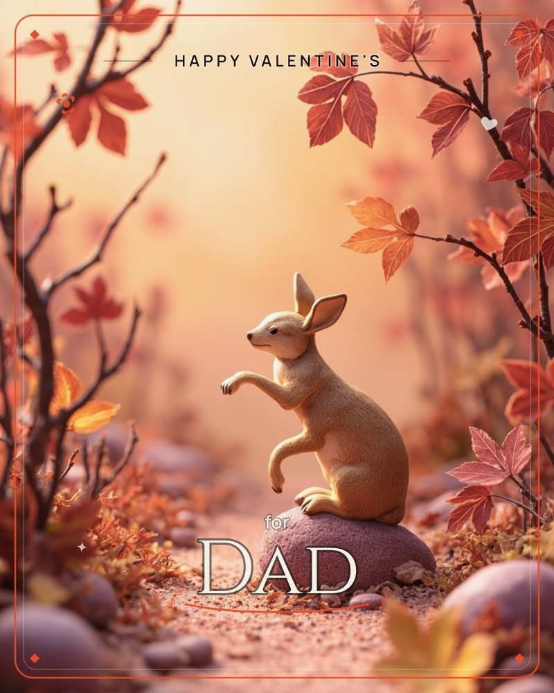 A small rabbit-like creature perches on a smooth stone along a woodland path, one paw raised as if pointing ahead, a valentine e-card design