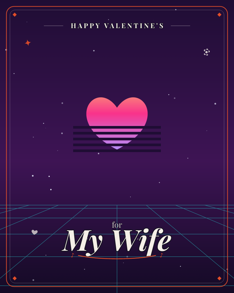 A retro synthwave heart glows pink and violet against a starry purple night, striped with dark horizontal bars like a setting sun, a valentine e-card design by @DittyCityTeam