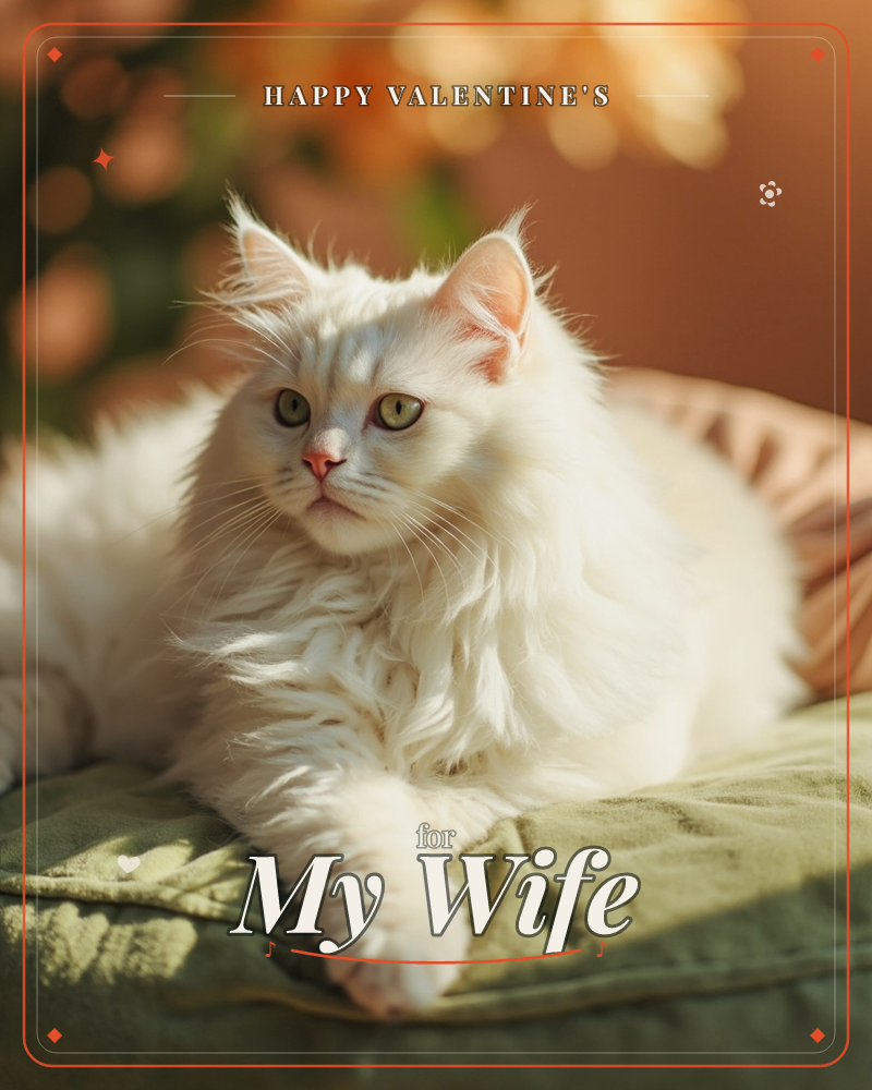 A fluffy white long-haired cat lounges regally on a soft sage-green cushion, paws tucked forward, catching warm golden sunlight from the side, a valentine e-card design