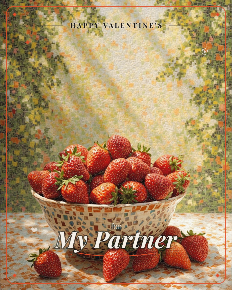 A mosaic-patterned bowl overflows with plump red strawberries, their green caps still on, set on a tiled tabletop that matches the speckled…, a valentine e-card design