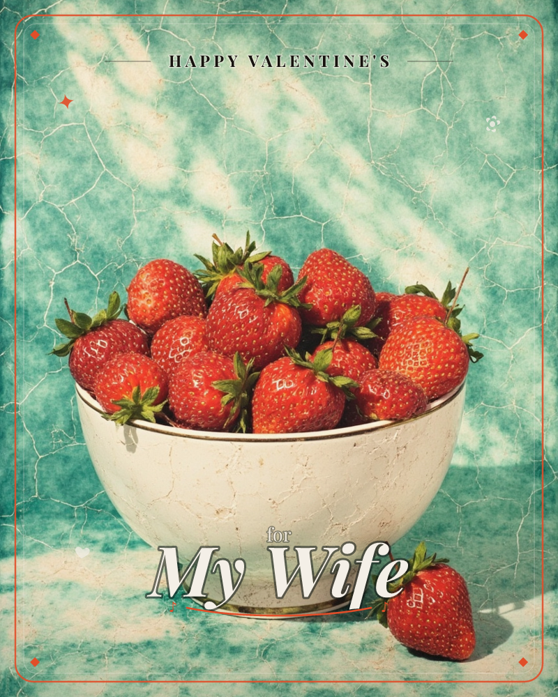 A weathered white bowl is piled high with fresh strawberries, their green caps still on, set against a cracked teal backdrop with streaks of light…, a valentine e-card design
