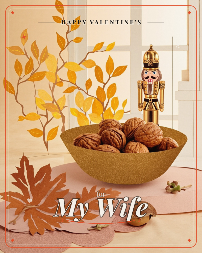 A gold nutcracker figure stands guard behind a bowl of whole walnuts, set against a warm window backdrop with paper-cut golden leaf branches on either…, a valentine e-card design