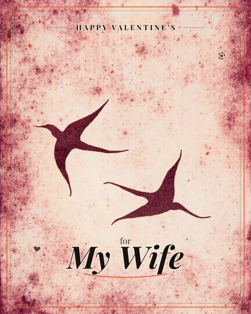 Two swallow-like birds swoop in silhouette across a mottled, sun-faded background, their crackled dark-maroon shapes echoing old stamped leather or…, a valentine e-card design