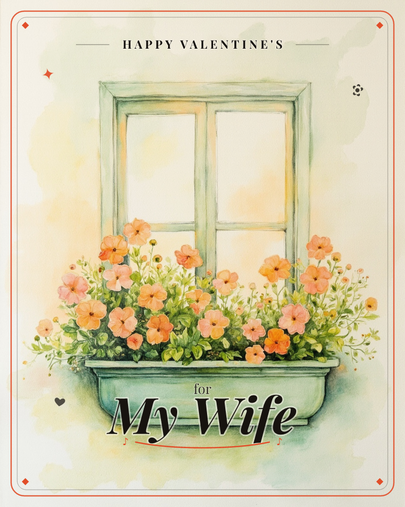 A pale green window with four panes glows softly against a cream background washed with hints of yellow, and beneath it sits a matching window box…, a valentine e-card design