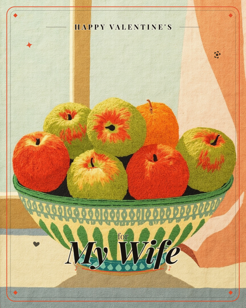 A patterned ceramic bowl overflows with red and green apples and a single orange, sitting on a windowsill beside a draped peach curtain, a valentine e-card design