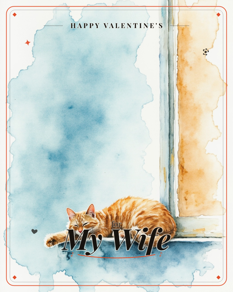 A ginger cat curls up asleep on a windowsill, one paw stretched out over the edge, painted in soft watercolour washes of blue and amber, a valentine e-card design