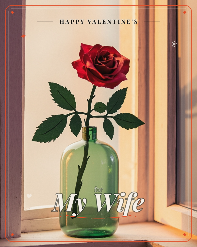 A single deep red rose sits in a green glass bottle on a wooden windowsill, warm afternoon light glowing through the panes behind it, a valentine e-card design