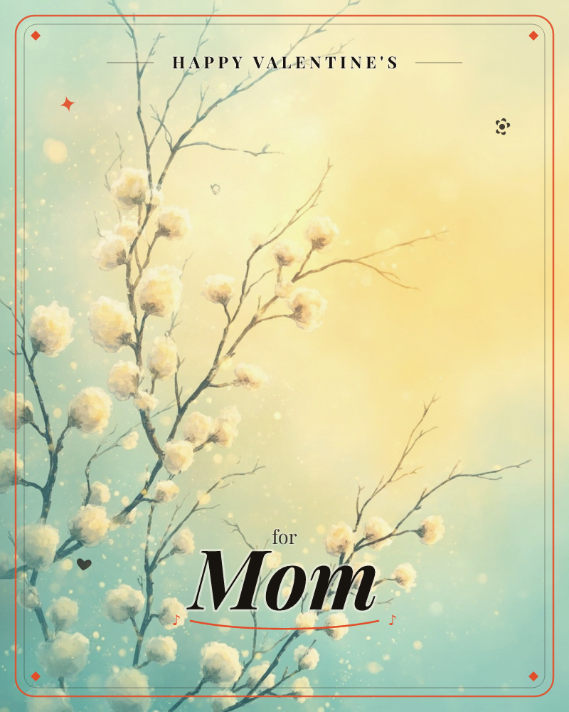Slender dark branches curve up from the lower corner, dotted with soft round clusters of pale cream blossoms like little puffs of wool, a valentine e-card design