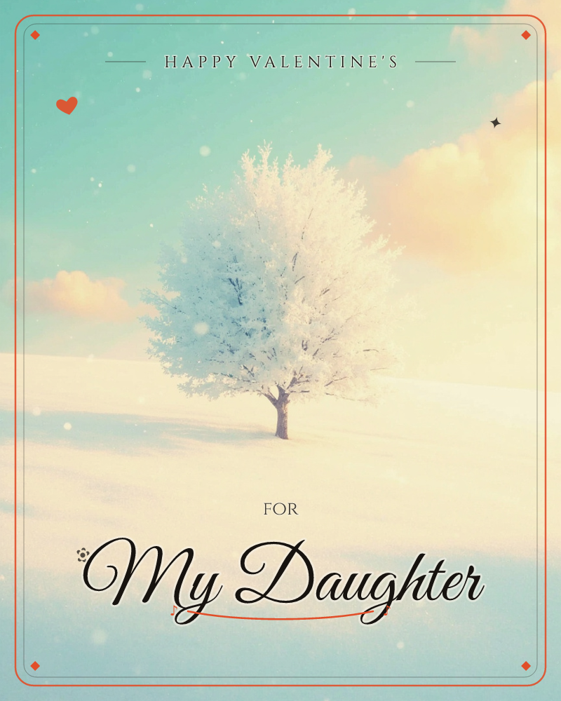 A single frost-covered tree stands alone on a rolling snowy hill, its branches coated in white against a soft turquoise sky streaked with…, a valentine e-card design
