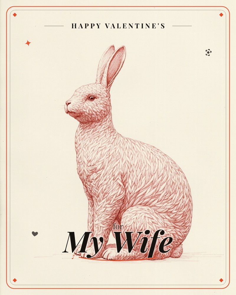 A hare sits in profile against a plain cream background, drawn entirely in fine terracotta-red line work that builds up its fur in feathery…, a valentine e-card design