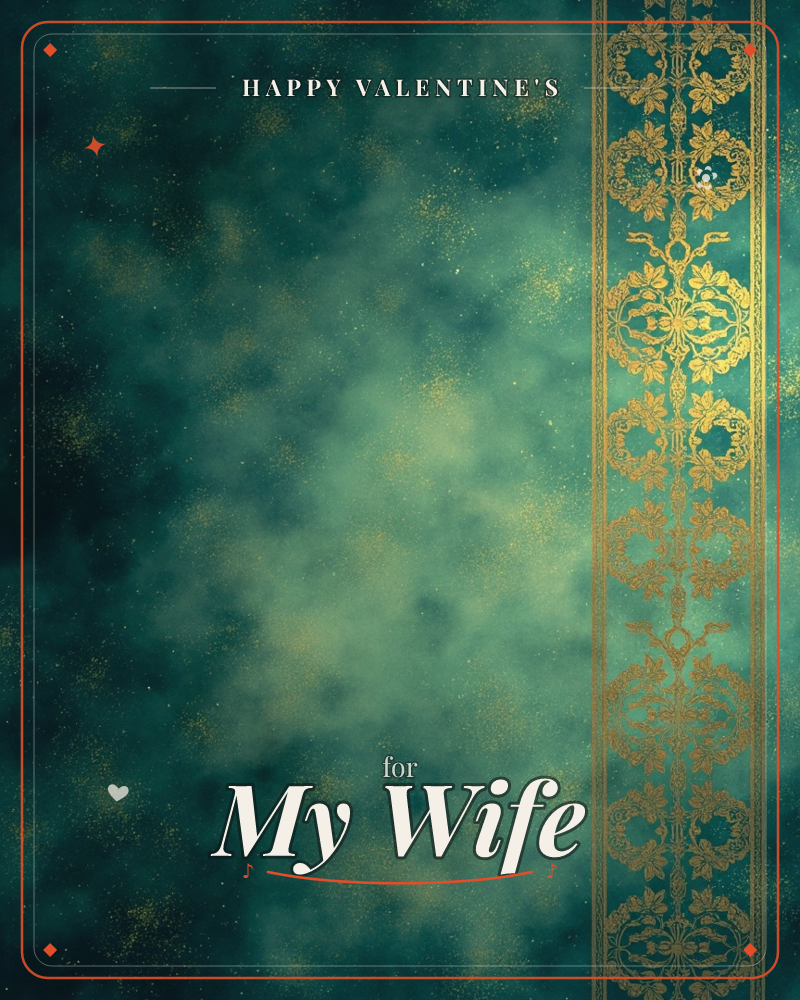 A misty teal background swirls with cloudy texture and scattered gold flecks, like light catching dust in the air, a valentine e-card design