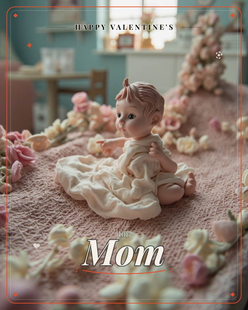 A porcelain figurine of a baby sits on a pink knitted blanket, dressed in a soft cream gown and pointing gently to one side, a valentine e-card design