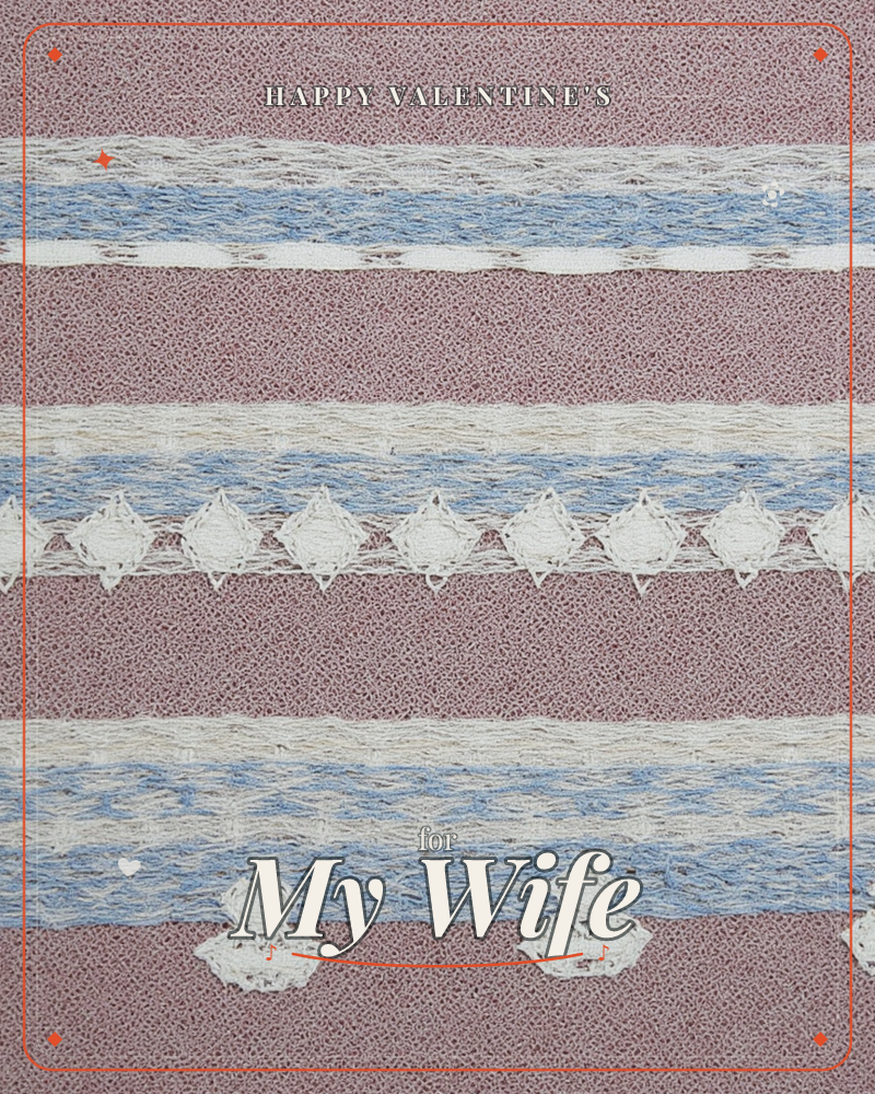 A close-up of woven fabric bands in dusty rose, pale blue, and cream, with a row of small crocheted diamond shapes stitched through the center like a…, a valentine e-card design