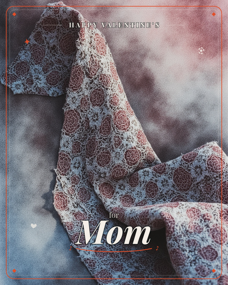 A length of frayed floral fabric drapes and folds across a smoky, mottled backdrop of dusky blues and rose, a valentine e-card design