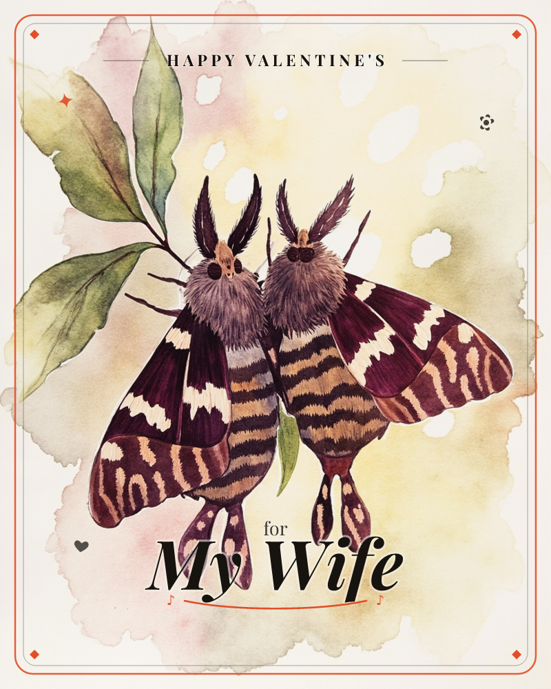 Two furry, striped moths cling side by side to a leafy sprig, their wings marked with bold zigzag bands of cream and rust against deep maroon, a valentine e-card design