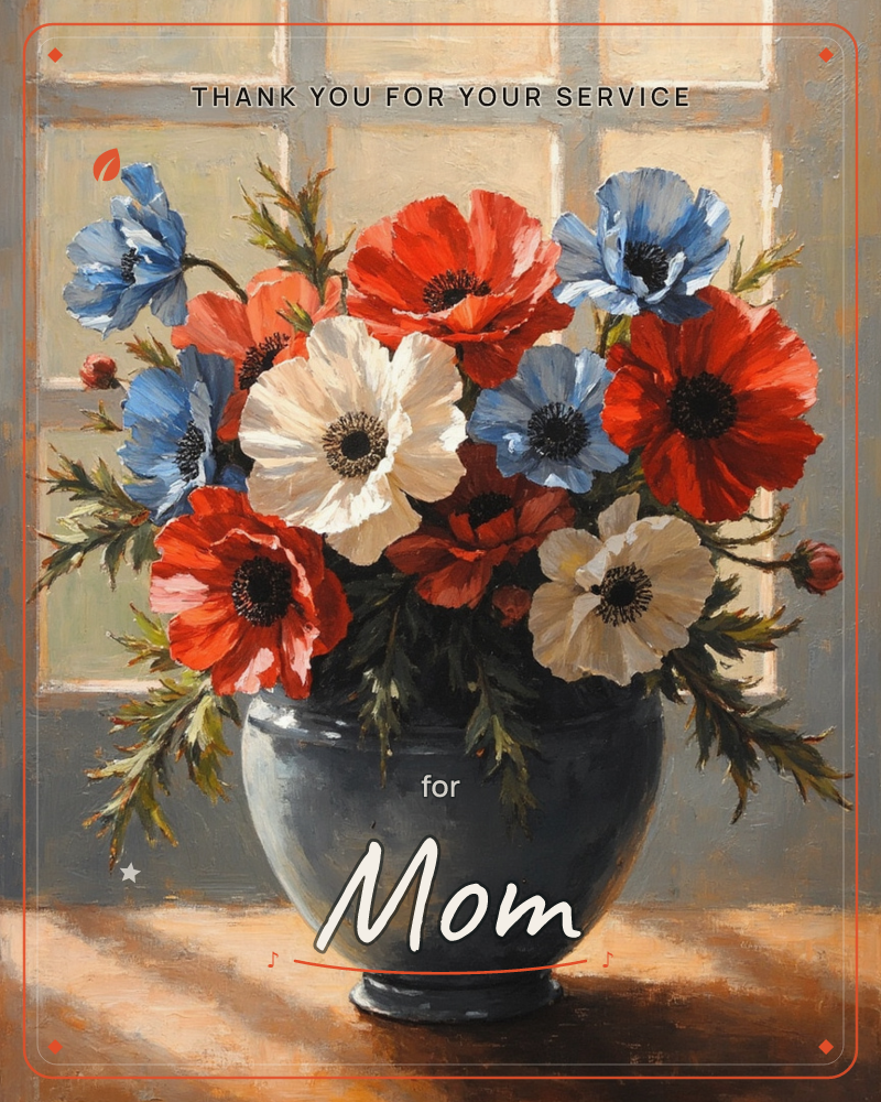A dark, glossy vase holds a full bouquet of red, blue, and cream poppies, their dark centres almost black against the papery petals, a veterans day e-card design