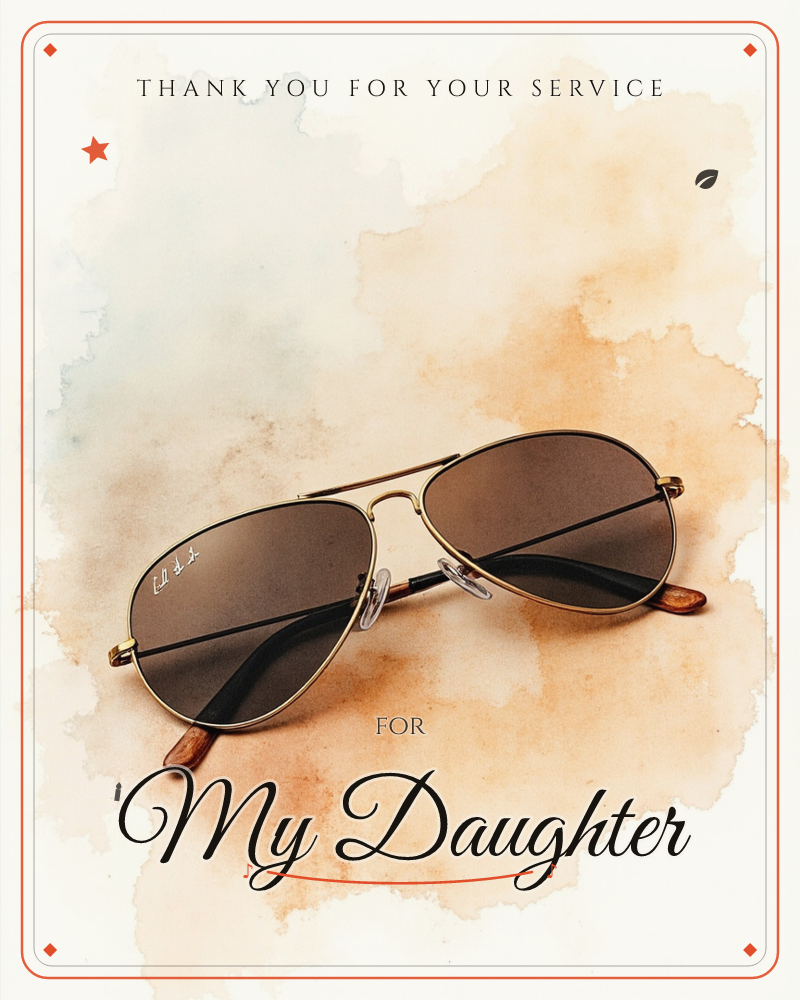 A pair of gold-rimmed aviator sunglasses lies folded against a warm, sunlit watercolour wash of amber and cream, a veterans day e-card design