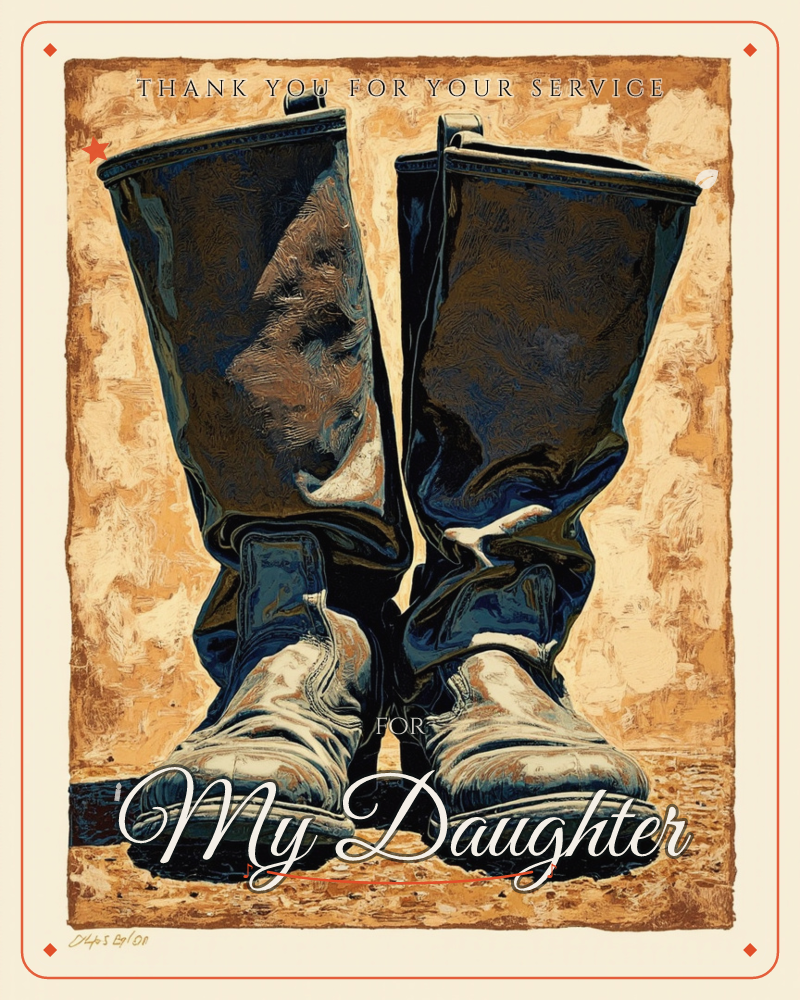 A close-up painted study of a pair of tall rubber work boots pulled over worn sneakers, standing against a mottled ochre and cream textured background, a veterans day e-card design