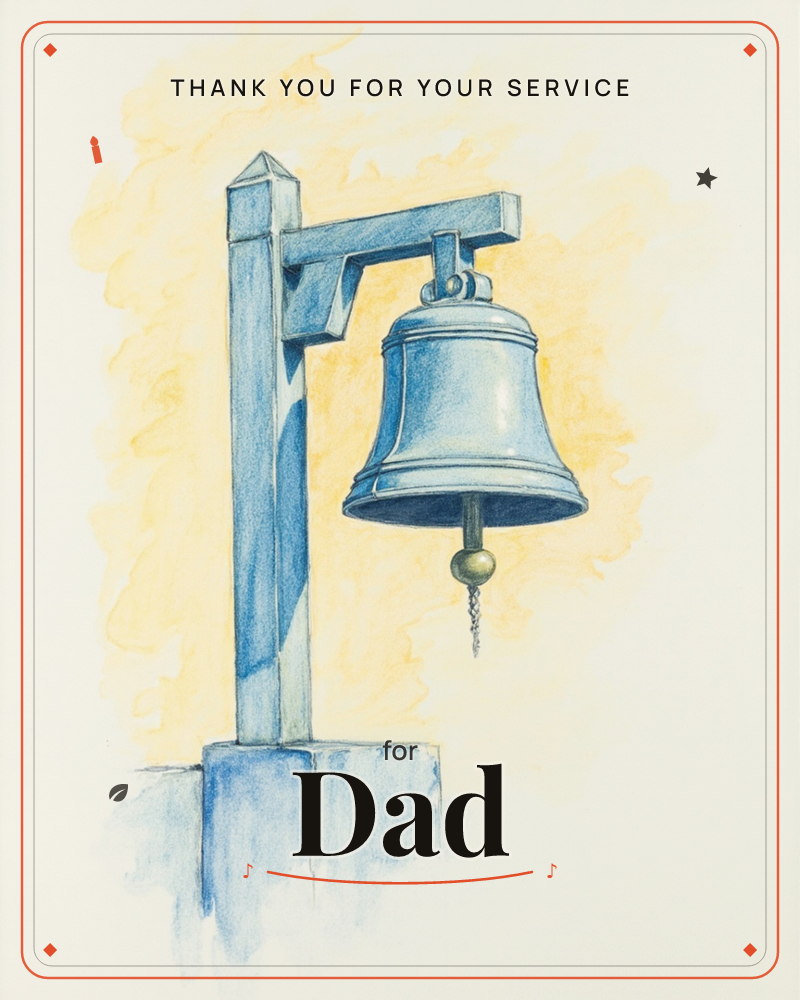 A single bronze-blue bell hangs from a wooden post mounted on a stone base, its clapper chain dangling loose beneath it, a veterans day e-card design