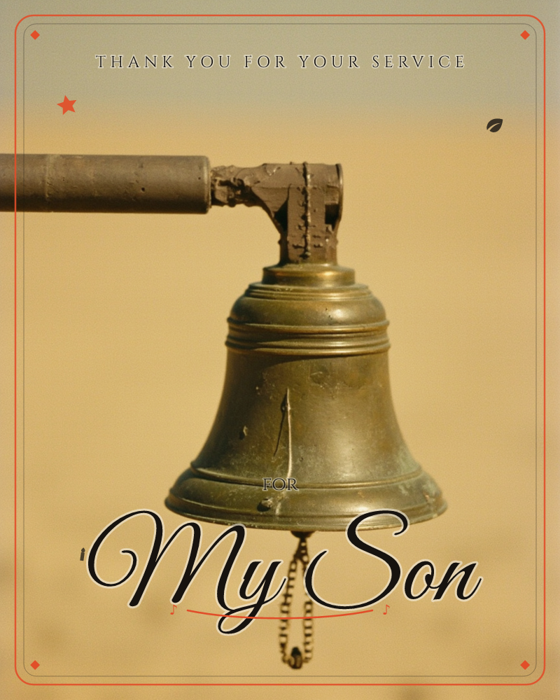 A weathered brass bell hangs from a rusted metal bracket, its surface mottled with age and a small clapper chain dangling below, a veterans day e-card design