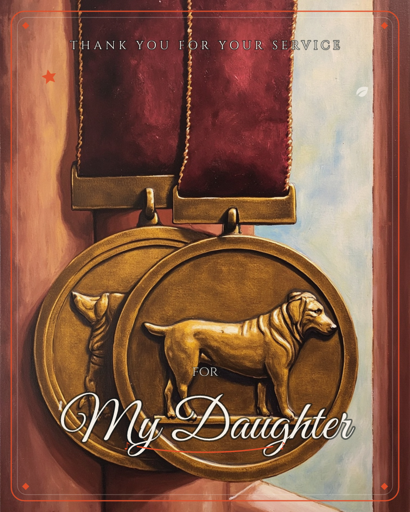 A close-up painting of two bronze medallions hanging from wide burgundy velvet ribbons, each medal embossed with the raised profile of a sturdy…, a veterans day e-card design