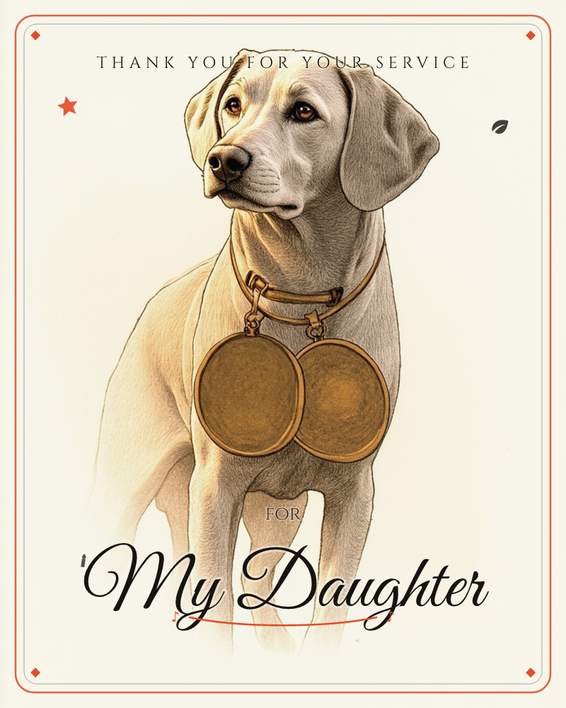A pale golden dog stands facing slightly sideways, two large blank gold medallions hanging from its collar, a veterans day e-card design