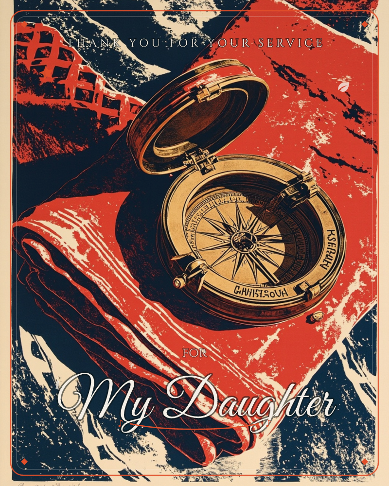 A brass compass lies open atop a folded canvas cloth, its hinged lid catching golden light against a bold woodcut-style backdrop of red, navy, and cream, a veterans day e-card design
