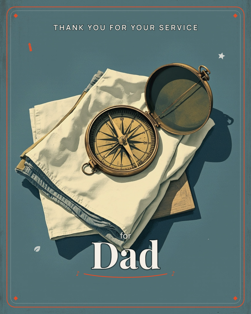 A brass compass with its lid open rests on top of a folded cream cloth edged in denim blue, all set against a deep teal background, a veterans day e-card design