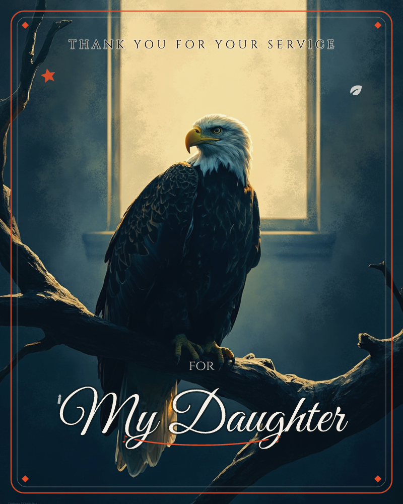 A bald eagle perches on a gnarled bare branch, silhouetted against a glowing window in a darkened room, a veterans day e-card design
