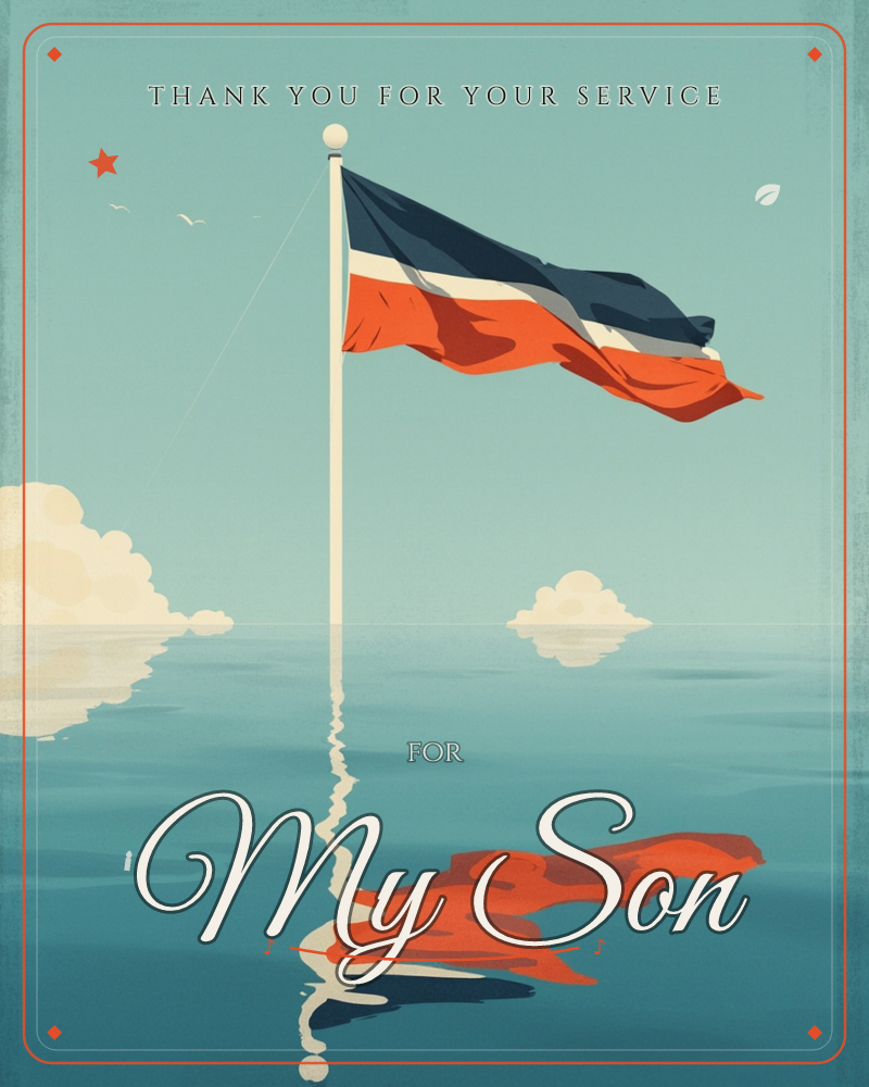 A tall white flagpole rises straight out of calm open water, flying a striped flag of navy, grey, cream and burnt orange that ripples sharply in the wind, a veterans day e-card design