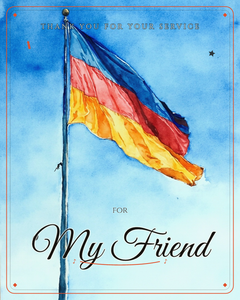 A tall flagpole rises against a wide open sky, its black, red and gold flag rippling outward in the wind, a veterans day e-card design