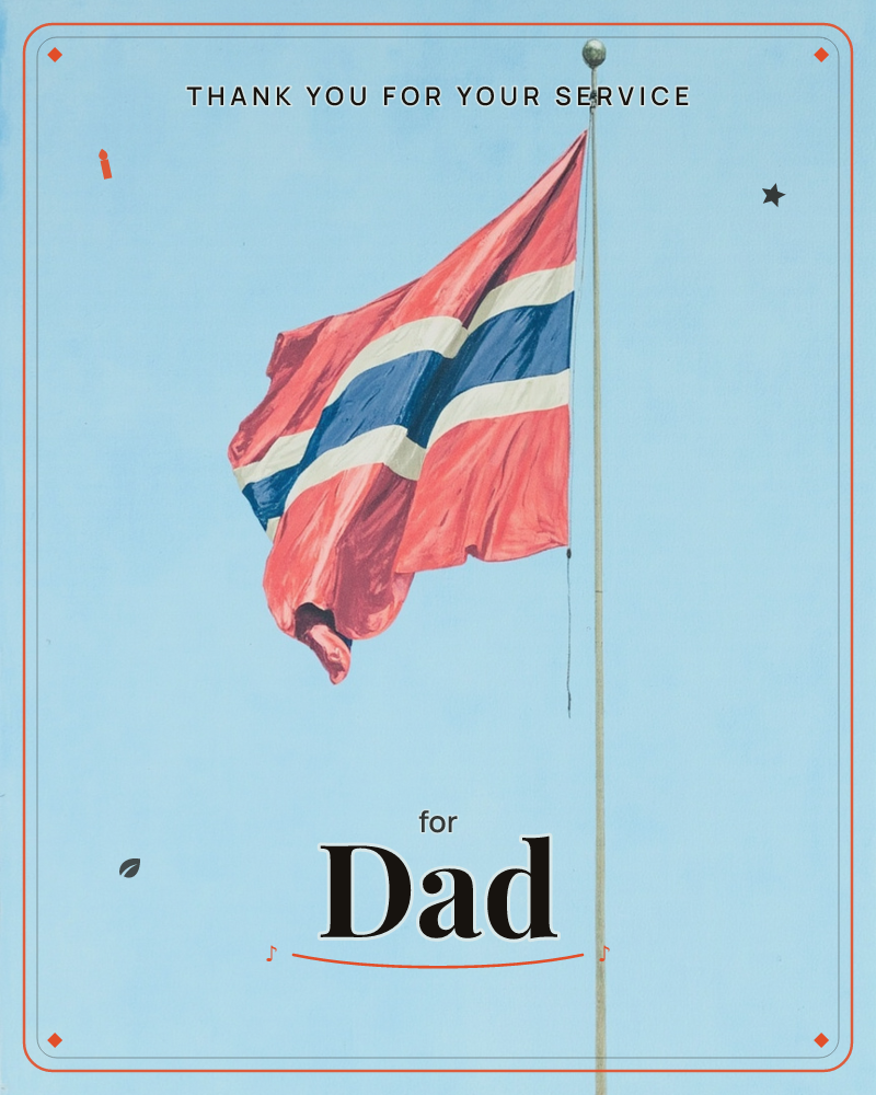A red flag with a blue and white cross flutters against a pale, cloudless sky, its fabric caught mid-ripple by the wind, a veterans day e-card design