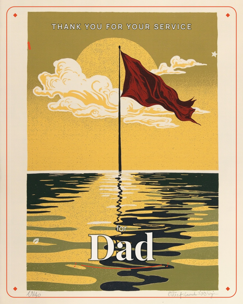 A tall pole rises straight out of calm water, flying a deep red flag against a golden sky where a pale sun glows behind stylised clouds, a veterans day e-card design