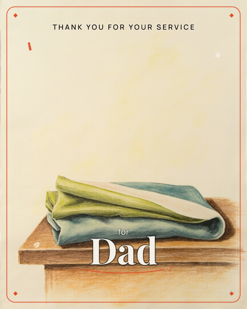 A folded blanket in olive green, cream, and slate blue stripes sits neatly on the edge of a wooden table, rendered in soft coloured-pencil shading…, a veterans day e-card design