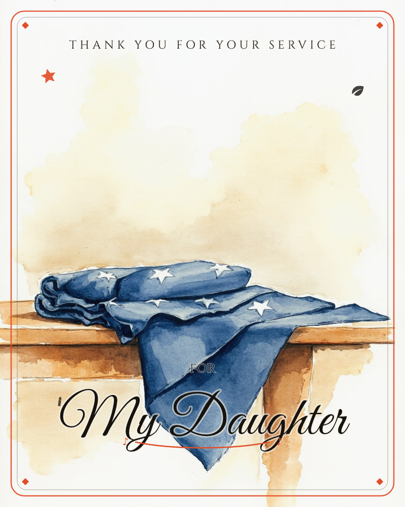 A folded navy blue flag scattered with white stars drapes over the edge of a wooden table, painted in loose watercolour washes against a warm, hazy…, a veterans day e-card design