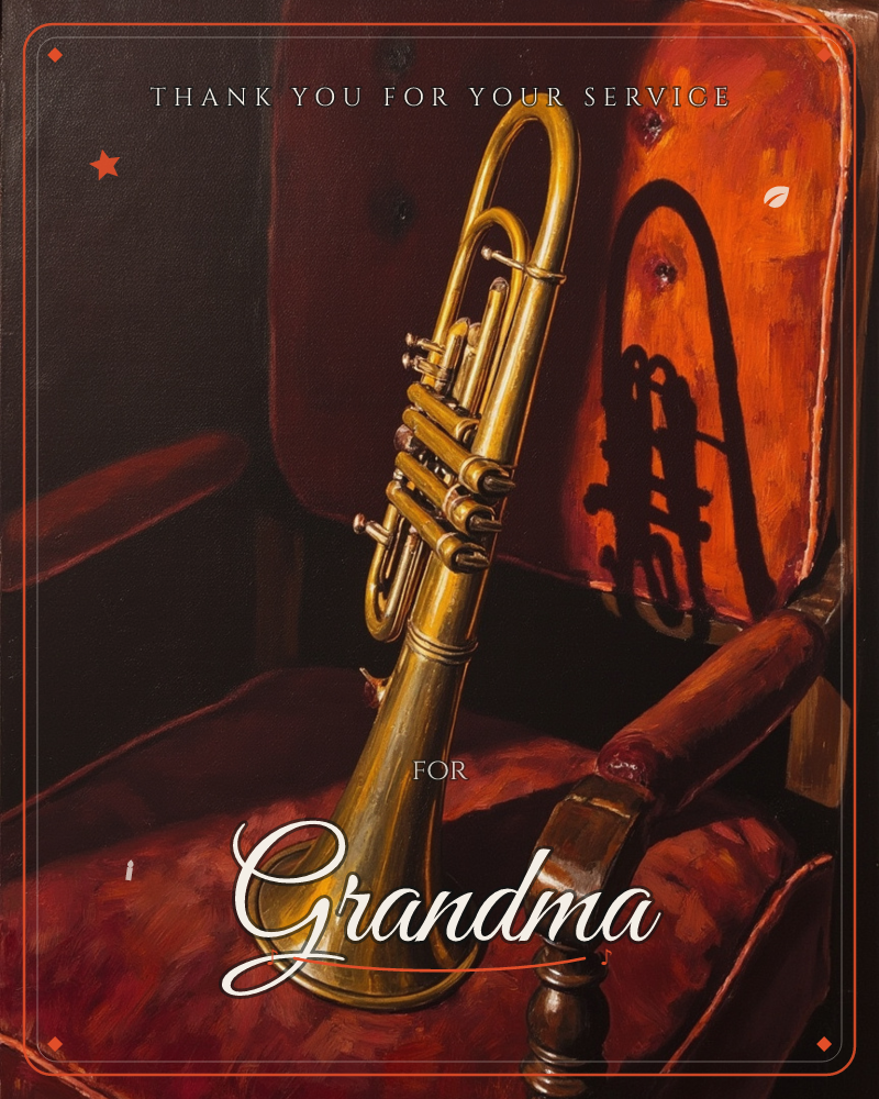 A brass trumpet rests upright in the seat of a tufted burgundy velvet armchair, its curved body casting a bold shadow across the buttoned backrest, a veterans day e-card design
