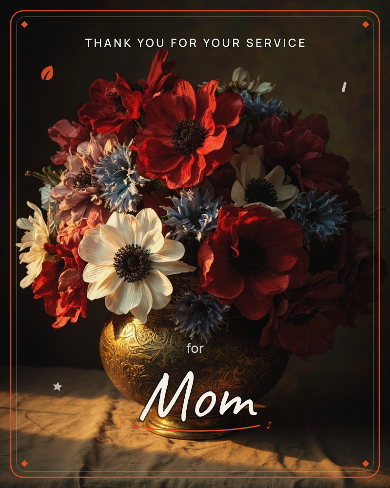 A dark, painterly still life shows a bouquet of red and cream anemones with sprigs of blue cornflowers, arranged in an ornate engraved brass bowl, a veterans day e-card design