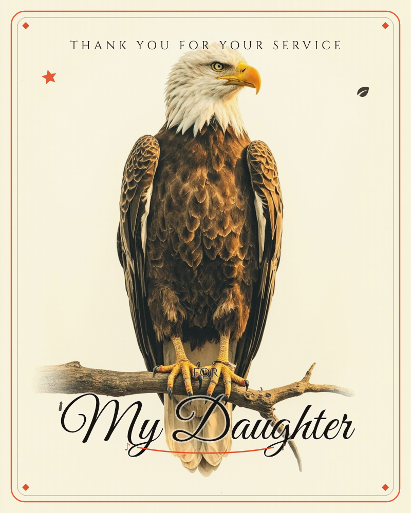 A bald eagle perches on a bare branch, its white head turned in sharp profile and its brown feathers catching a warm, golden light against a softly…, a veterans day e-card design